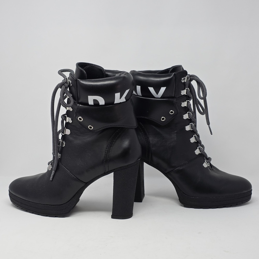 DKNY Black Leather Logo Collar Lace Up Block Heel Lug Sole Combat Boots Sz 11